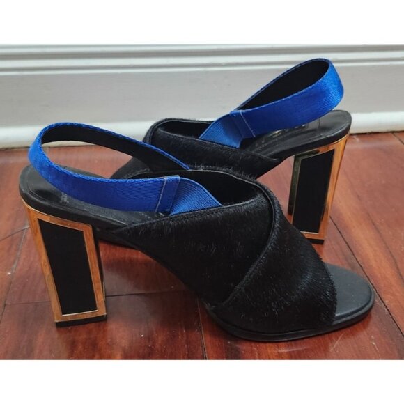 Kat Maconie Black Pony Hair Slingback Heels Gold Block Heel Blue Strap Sz 38 / 7 - Picture 9 of 15
